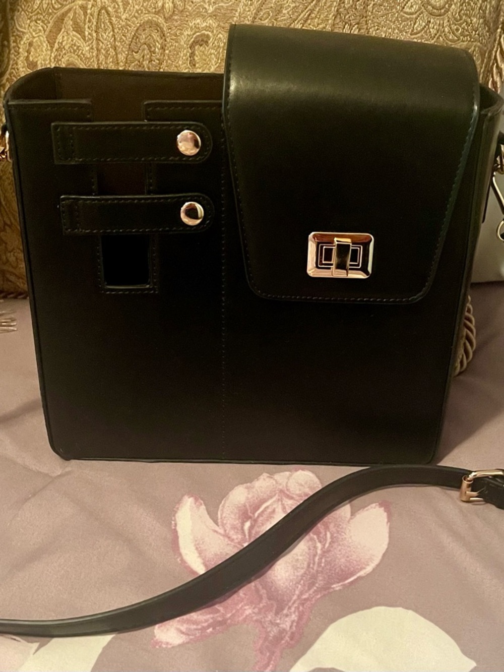 Black Leather Crossbody Bag with Gold Hardware